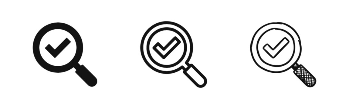 Magnifying glass with checkmark icon for search validation, quality control, and verification symbol set.