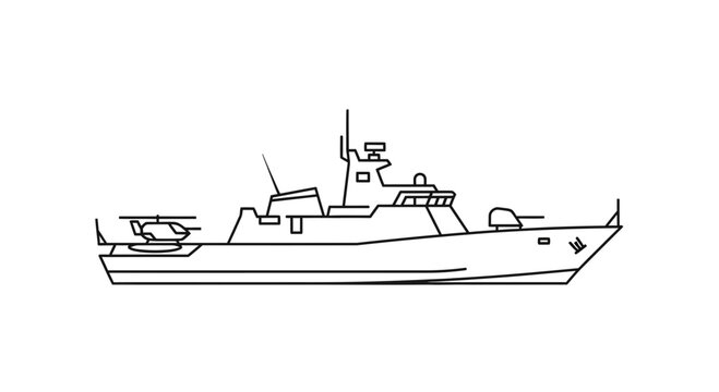 Modern Warship with Helicopter Deck and Cannon - Line Art Illustration