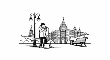 Obraz premium Street performer singing into microphone with Kremlin-like buildings and park bench