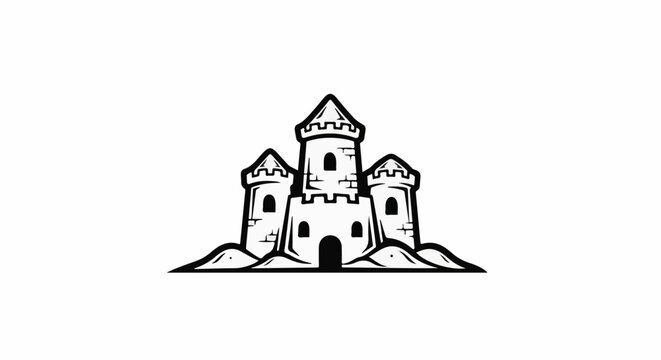 Stylized black and white drawing of a castle on a mound