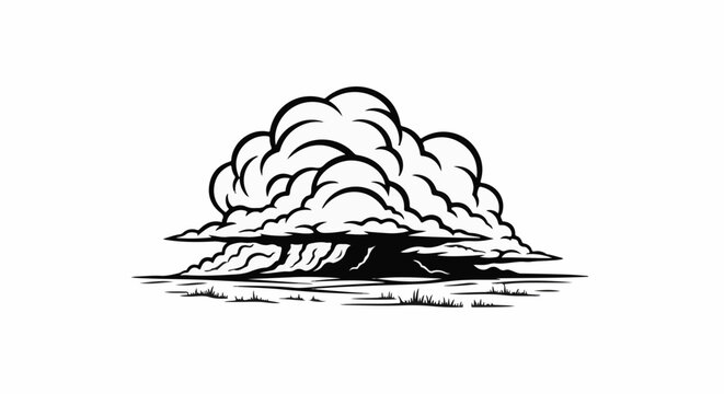 Stylized black and white drawing of a large cumulonimbus cloud formation