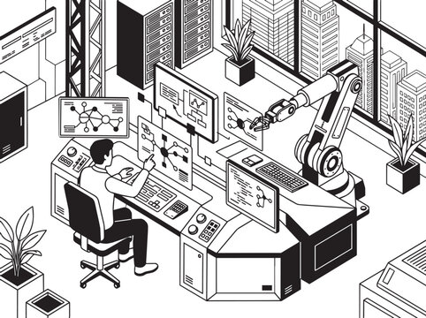 High contrast AI workspace illustration featuring robotic arm