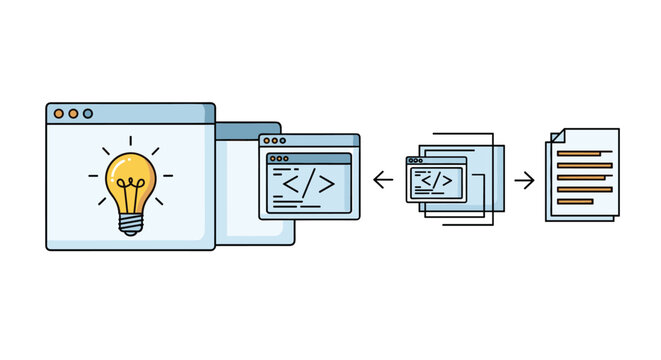 Workflow diagram illustrating the process from initial idea generation through coding and web development to final documentation.