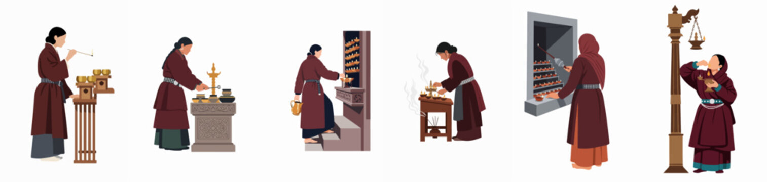 Illustrations of Tibetan women in traditional attire performing religious rituals, lighting butter lamps and incense at sacred altars, isolated on white background.