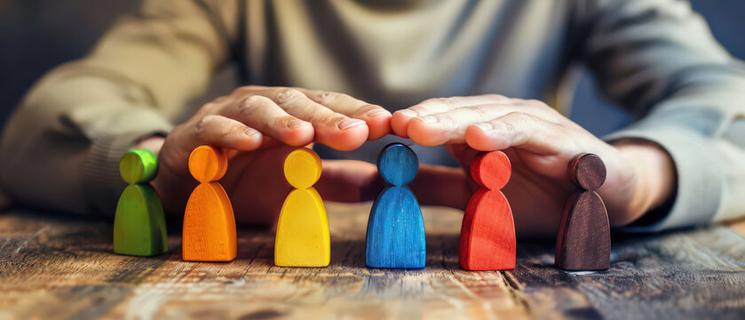Close up of hands holding colorful wooden people figures in a row on wooden table. Symbol of diversity, inclusion, unity, protection, equality and social support.
