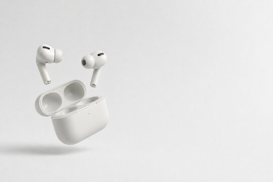 Wireless earbuds with charging case floating on minimal background, modern audio product
