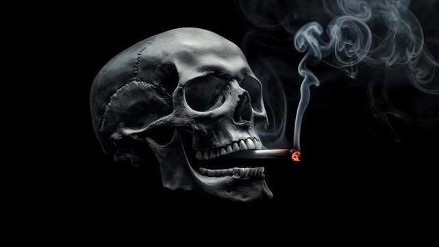 Skull with cigarette and smoke on black background  