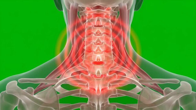 Detailed 3D neck and spine anatomy, glowing vertebrae highlighting pain and inflammation, 4K video