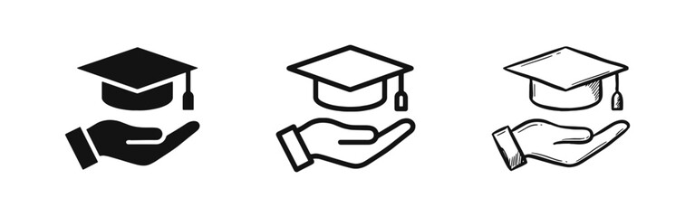 Education support icon with a hand holding a graduation mortarboard cap for scholarships and achievement. © drawing lines