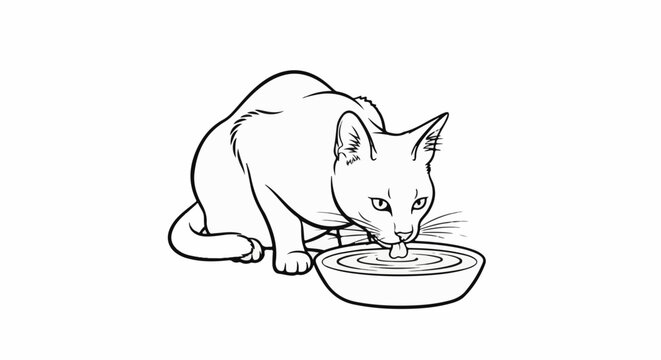 Stylized black and white outline drawing of a cat drinking water from a bowl