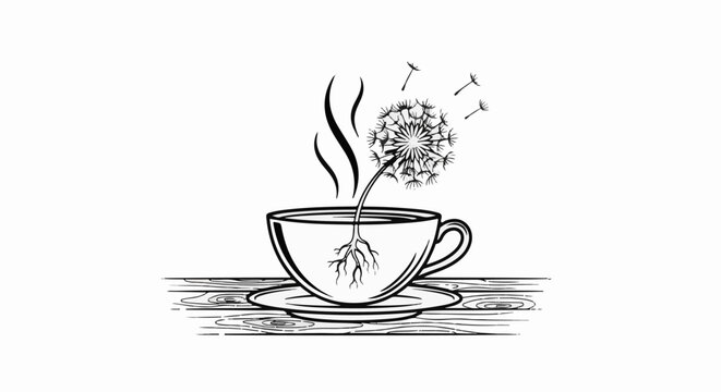 A dandelion with roots grows from a steaming cup of coffee