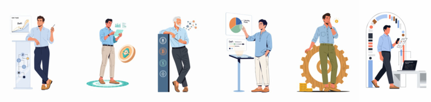 Set of illustrations featuring men engaged in decentralized finance activities, including cryptocurrency trading, liquidity pool management, and blockchain data analysis.
