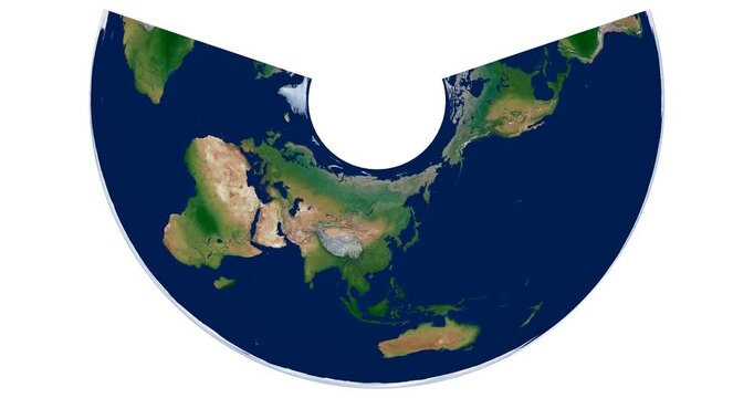 World Map. Albers equal-area conic projection. Animated longitude rotation. Detailed physical map of Earth.