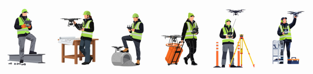 Set of professional drone operators in safety gear working at industrial and construction sites, using UAV technology for surveying, monitoring, and inspection tasks. © Nurdayatt