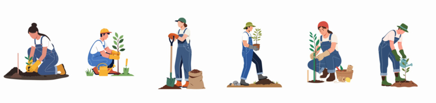 Set of diverse people gardening, planting saplings, and caring for young trees in flat vector illustration style.