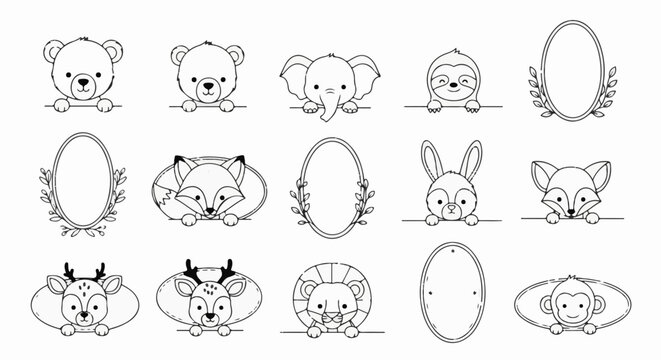 Cute animal faces and decorative frames in black and white line art