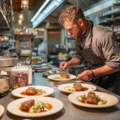 Obraz premium Chef focuses on plating food for customers in a busy restaurant kitchen during the evening dinner rush