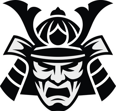 Intense Black Samurai Warrior Mask Icon, Furious Traditional Japanese Warrior Helmet Art, Fierce Onna-Bugeisha Face Logo, Ancient Bushido Spirit Symbol for Strength, Honor, and Battle Readiness, Vecto