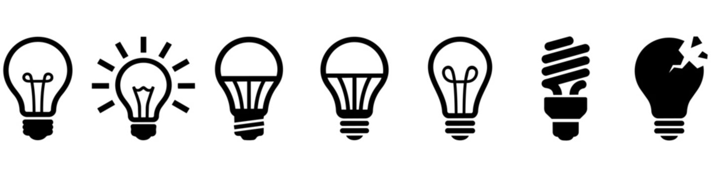 Light bulb icon set with led, fluorescent, incandescent and broken lamp symbols