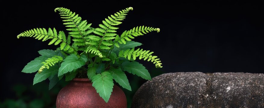Lush fern dances on a weathered stone surface like nature's emerald brushstroke.