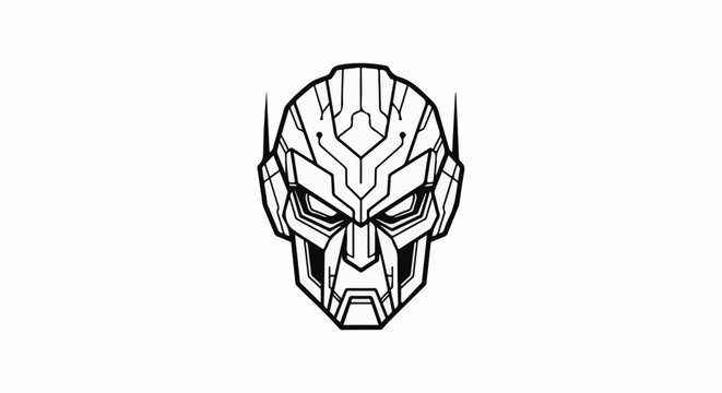 Stylized black and white illustration of a robotic or alien face