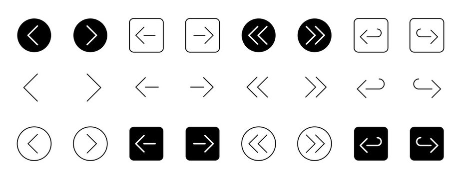 Arrow buttons icons. Menu navigation pointer. Next and previous. Editable stroke. Vector illustration