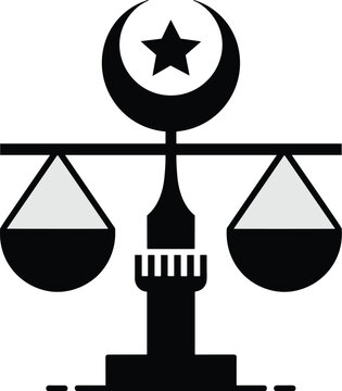 Islamic Justice and Law Symbol: Scales Balanced with Crescent Moon and Star atop Mosque Minaret Silhouette, representing Sharia Law and Islamic jurisprudence, faith, equilibrium, fairness, and spiritu