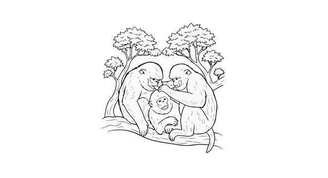 Two adult monkeys groom a baby monkey on a branch between trees