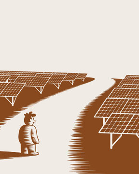Silhouette of a person standing contemplating a vast solar farm installation, a path leading to endless rows of solar panels under a bright sky, representing renewable energy future, sustainable techn