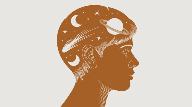 Celestial Mindscape: Silhouette of a Person's Head Filled with Cosmic Wonders, Showcasing a Universe of Imagination, Dreamy Concepts, Spiritual Growth, and Infinite Possibilities for Meditation, Astro