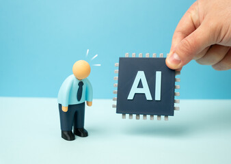 Obraz premium An office worker is upset that he will be replaced by AI. Fear of automation, job insecurity and workforce transformation in the age of artificial intelligence.