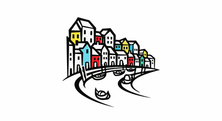 Naklejka premium Stylized buildings line a winding waterway with boats