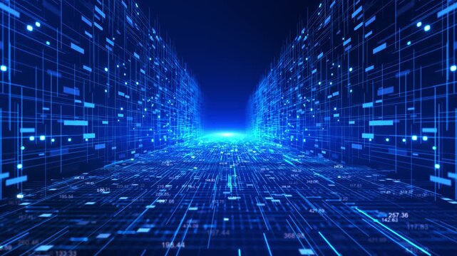Abstract dark blue digital data stream grid background glowing neon lines and futuristic holographic overlay. Cyber technology data visualization, virtual reality interface, or sci-fi web design. 3D
