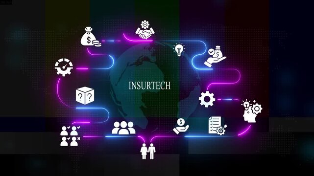 Insurtech digital concept with global network and neon infographic for financial technology and insurance innovation