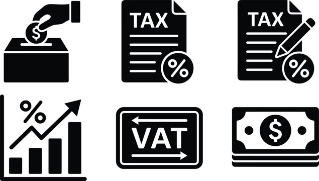 Finance and taxation icon vector set featuring tax documents, VAT, bar chart, dollar coins, and money stack illustrations
