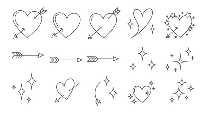 Heart shapes with arrows and stars.