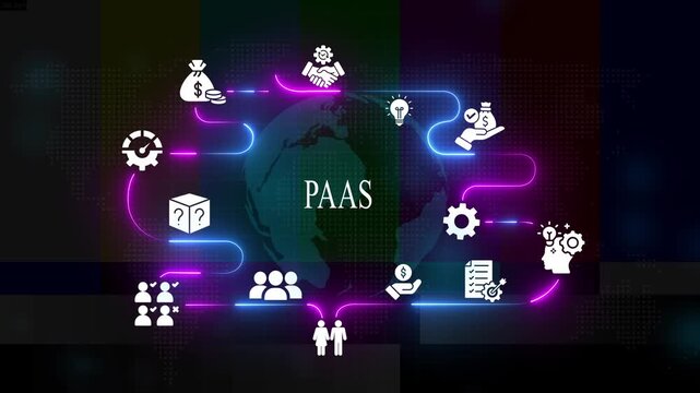 Paas platform as a service concept with digital global network and neon infographic cloud computing digital transformation