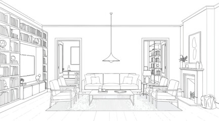 Interior design sketch of a modern living room with a fireplace, bookshelves, and comfortable seating area © Saharia