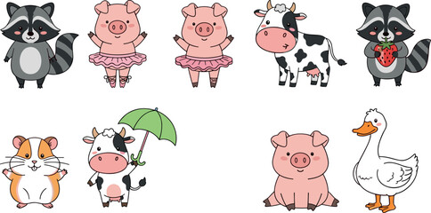 Cute Cartoon Animal Vector Illustration with Raccoon, Piglets, Cow, Guinea Pig, Goose, Tutu, Umbrella, Playful Characters for Kids’ Design, Animal Theme, and Whimsical Art © Lunavera art
