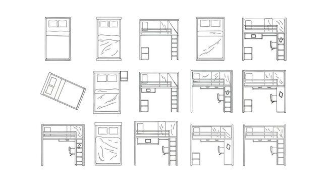 Collection of various bed and loft bed designs with desks and storage furniture in line art style