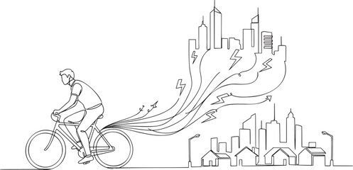 Obraz premium Person on Bicycle Pedaling to Generate Energy Powering City, Transport