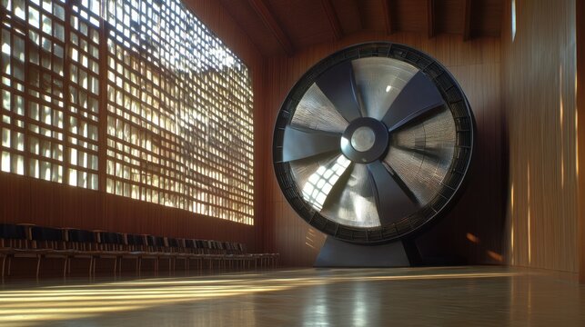 Large fan in modern wooden chapel interior with sunlight streaming through windows