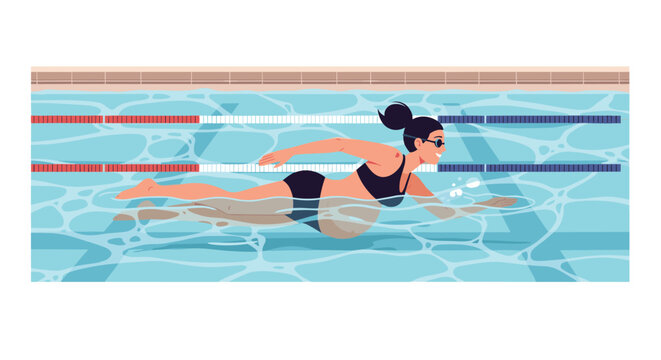 Active pregnant woman wearing a swimsuit and goggles swimming in a blue lane of an indoor pool for prenatal exercise.