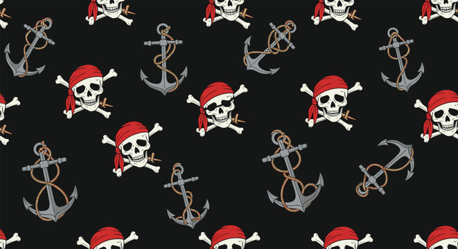 Classic nautical pirate pattern featuring skulls with red bandanas, crossbones, and old metal anchors on a dark background.
