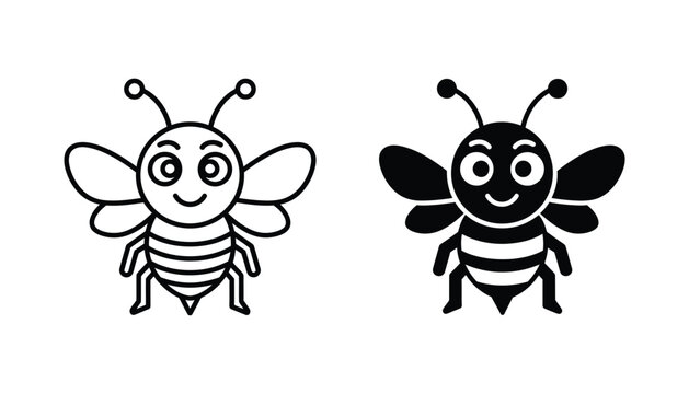 Happy flying bee vector illustration with cute cartoon style in outline and solid black silhouette formats for nature and insect themed graphic design elements
