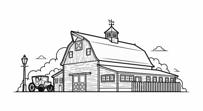 Rustic barn with horse-drawn carriage and gas lamp under cloudy skies