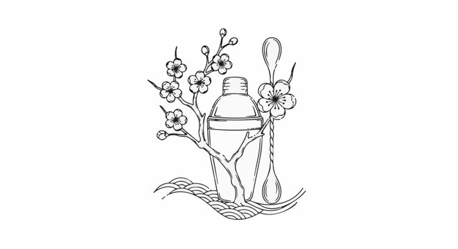 Sketch of cocktail shaker with cherry blossoms and bar spoon