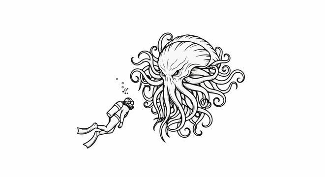 A scuba diver encounters a colossal, menacing octopus in the deep sea