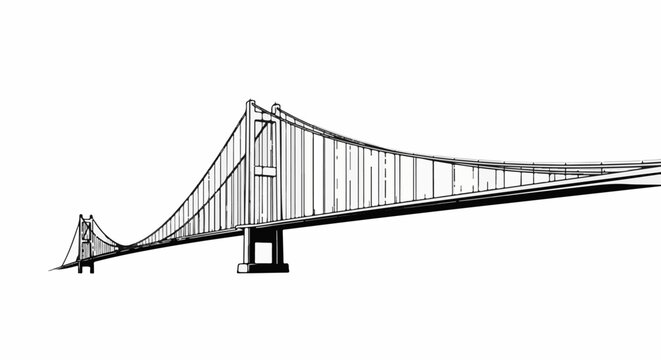 Black and white illustration of a suspension bridge spanning across a gap