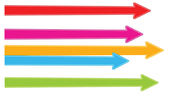 Set of five simple horizontal arrows in vibrant red, pink, orange, blue, and green colors pointing to the right direction.